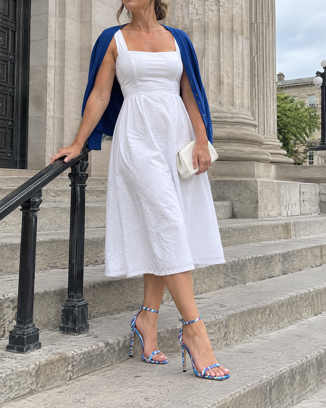 Nina - Printed Ankle Strap Heels in blue multi, a wedding guest on the city hall steps