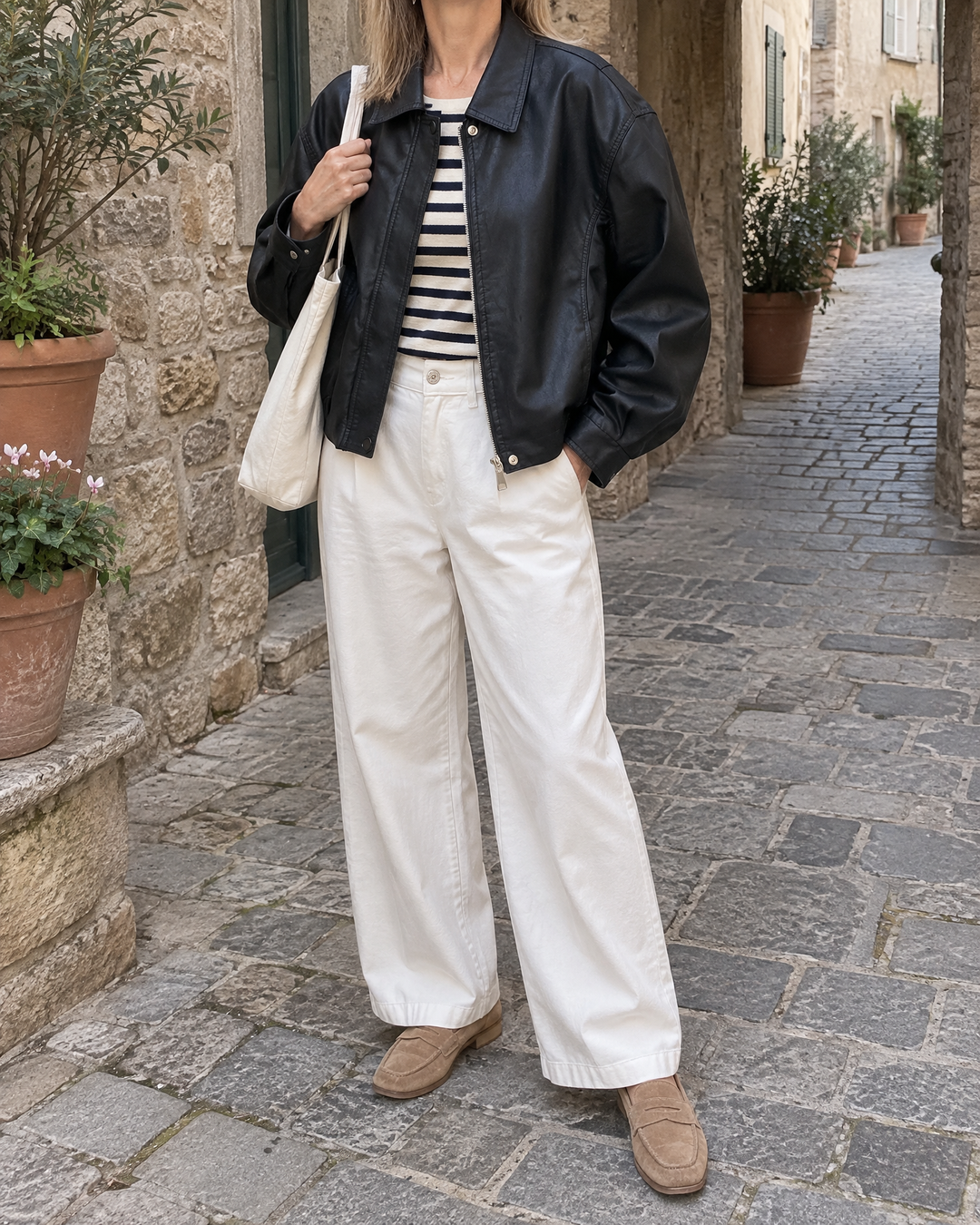Ysaline - Boxy Faux Leather Jacket in black, in a cobbled lane on a grey morning