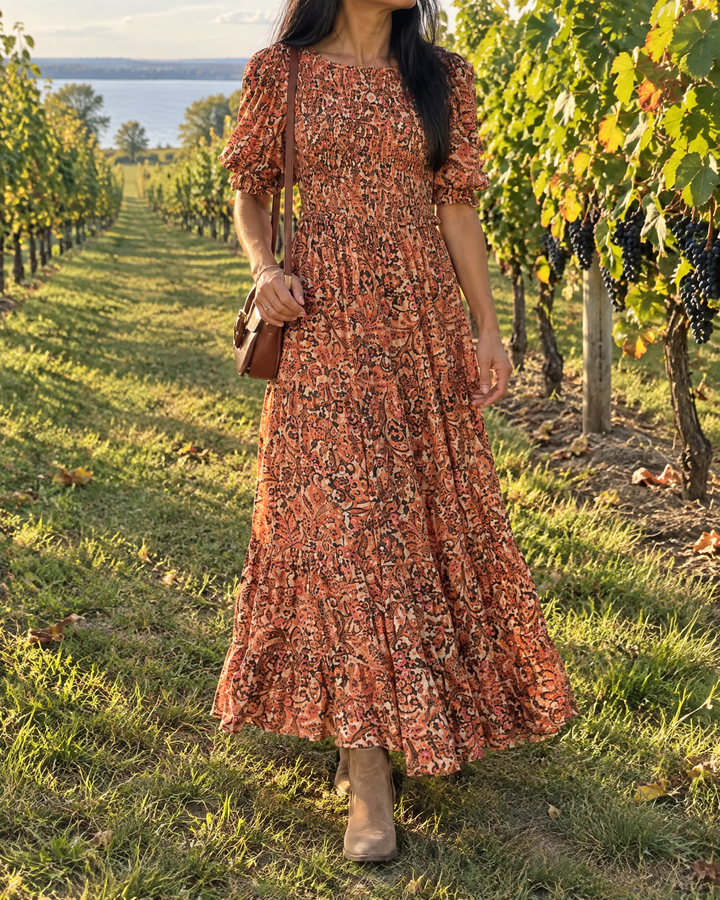 Garance - Frilled Waist Swing Maxi Dress in orange floral, in the vineyard
