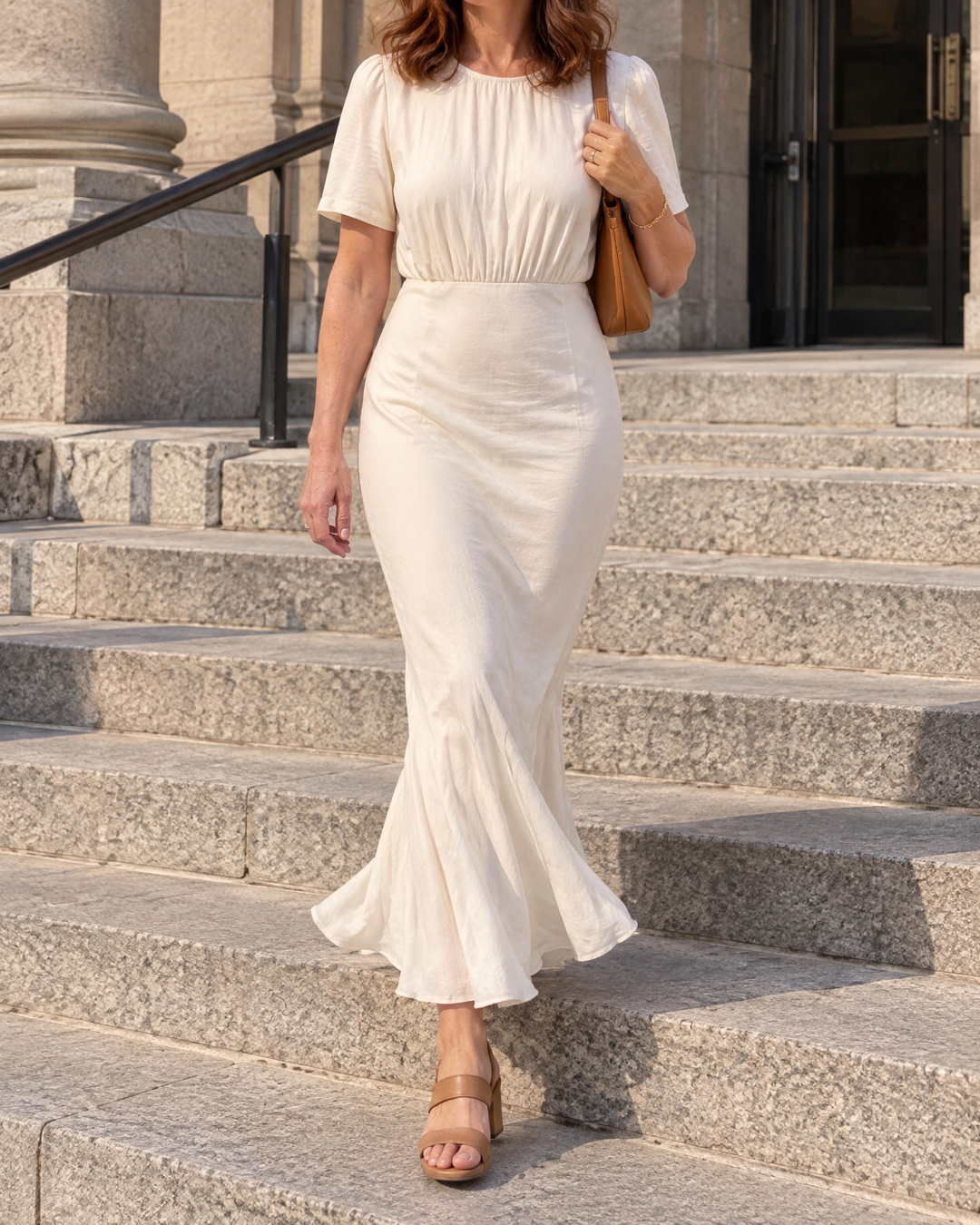 Eloise - Short Sleeve Fishtail Maxi Dress in cream, on museum steps