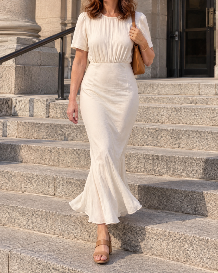 Eloise - Short Sleeve Fishtail Maxi Dress in cream, on museum steps