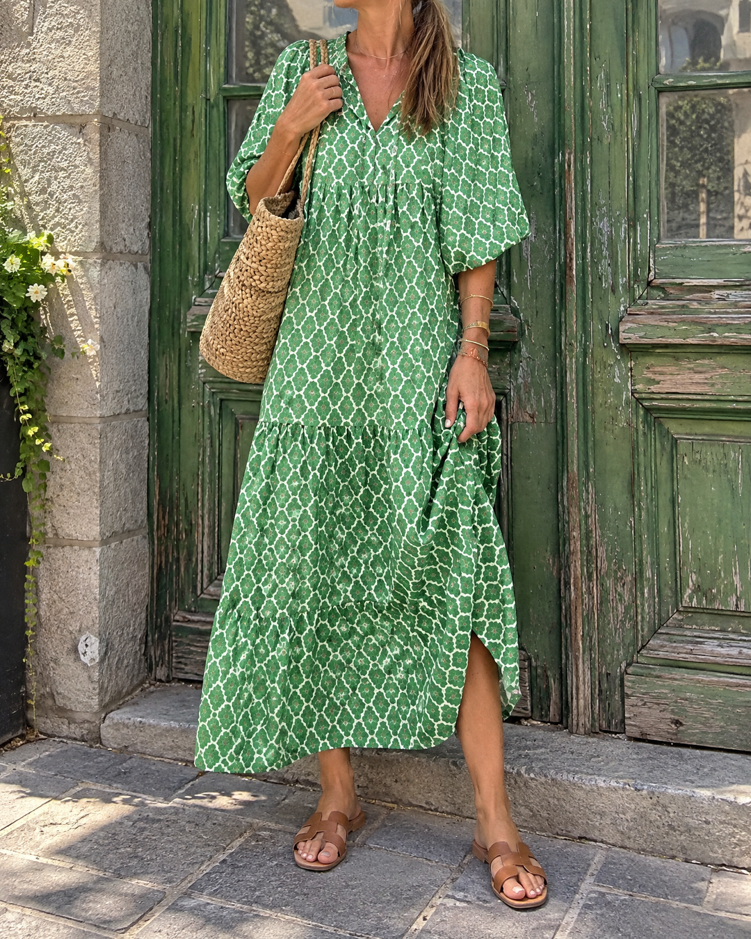 Florence - Puff Sleeve Print Maxi Dress in green, in Old Montreal