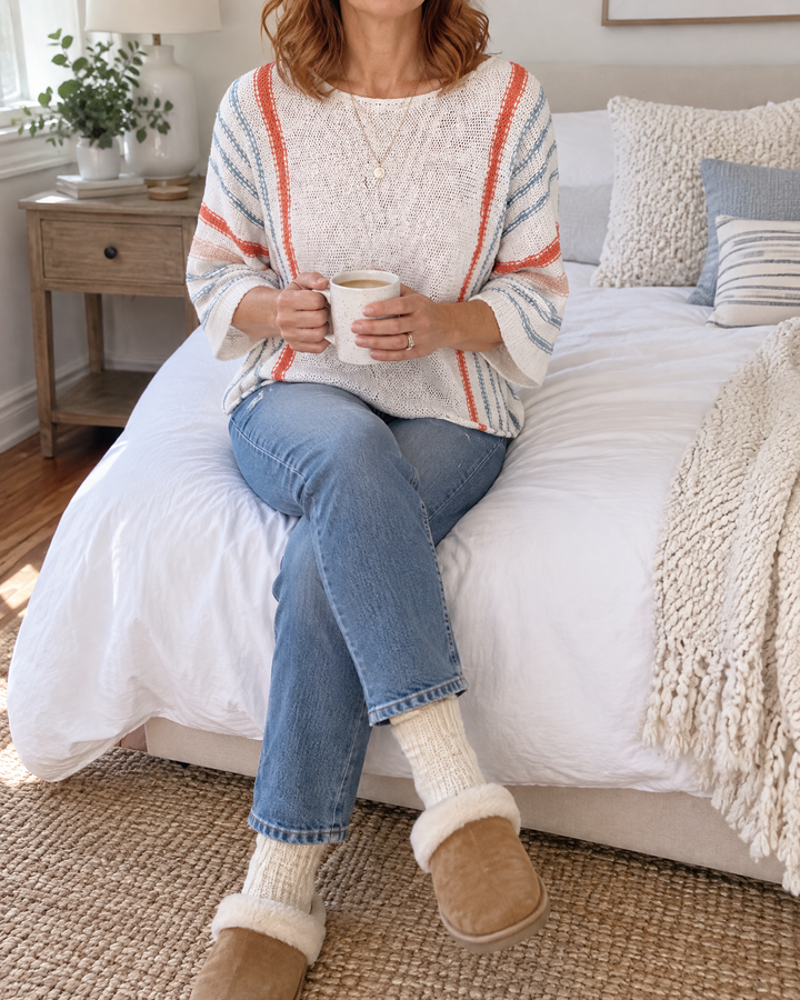 Emmeline - Striped Knit Pullover in white stripe, on a Sunday morning