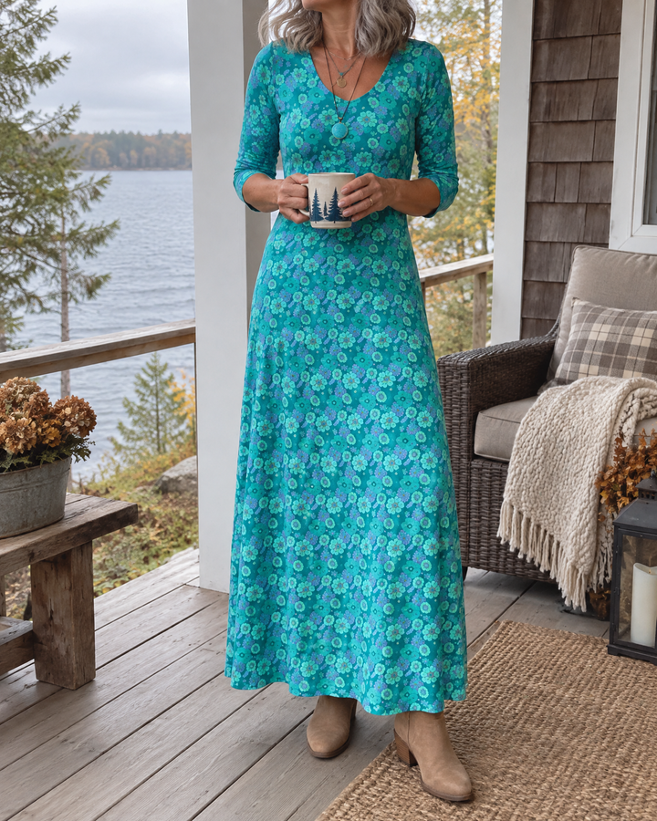 Romane - Floral Print Maxi Dress in teal floral, on the porch