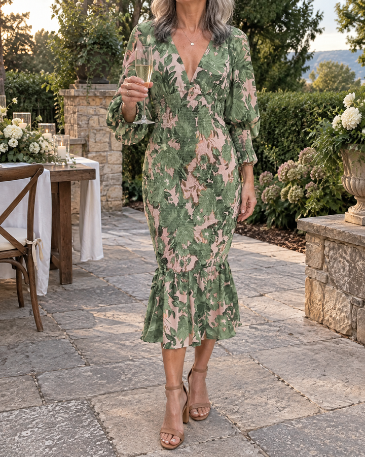 Coralie - Lantern Sleeve Print Midi Dress in green, at a garden wedding