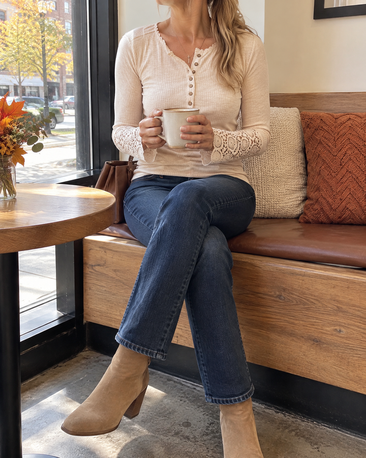 Fabienne - Lace Cuff Henley Top in apricot, at a coffee shop window