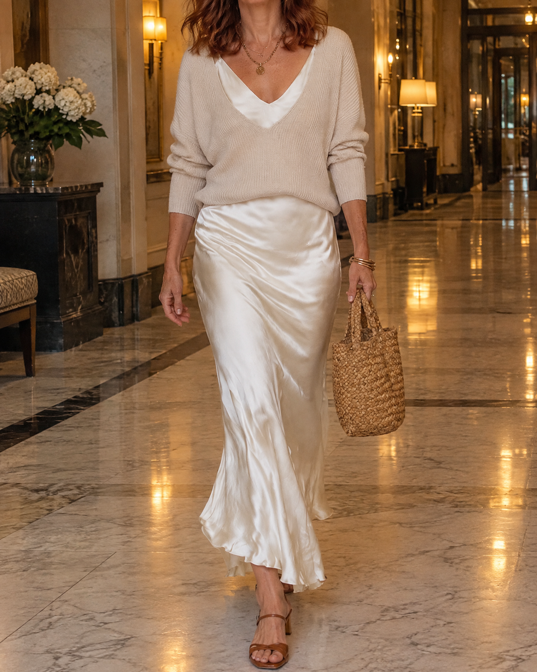 Aurore - Sweater and Satin Slip Set in apricot, in a hotel corridor