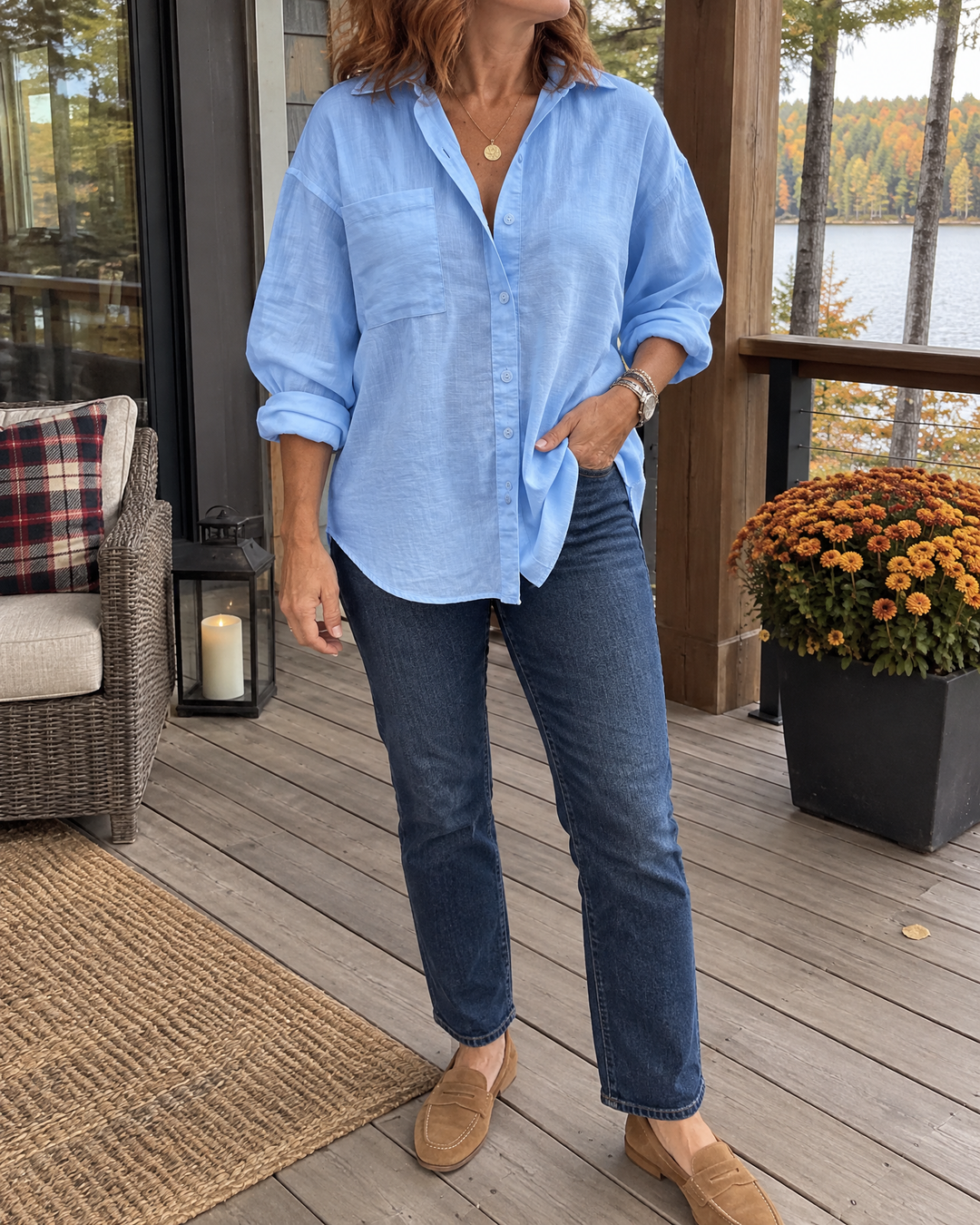 Justine - Cotton Slub Shirt in sky blue, on a Muskoka porch