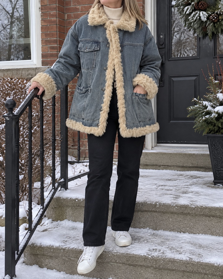 Raphaelle - Faux Fur Trim Denim Jacket in mid blue, on the front steps on a cold morning