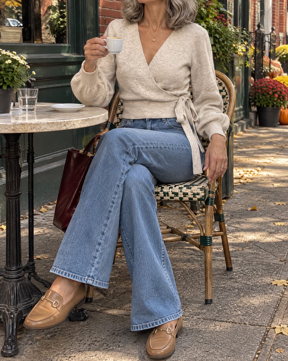Amandine - Tie Wrap Knit Top in beige, on a café terrace