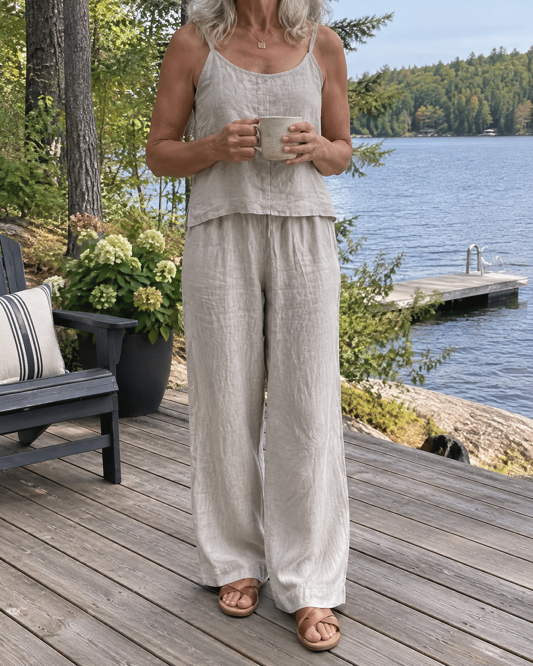 Odile - Cotton Linen Cami Set in light grey, on a cottage deck