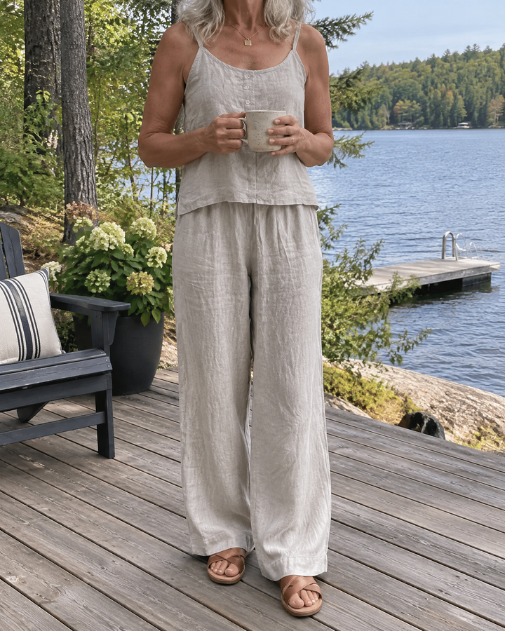 Odile - Cotton Linen Cami Set in light grey, on a cottage deck