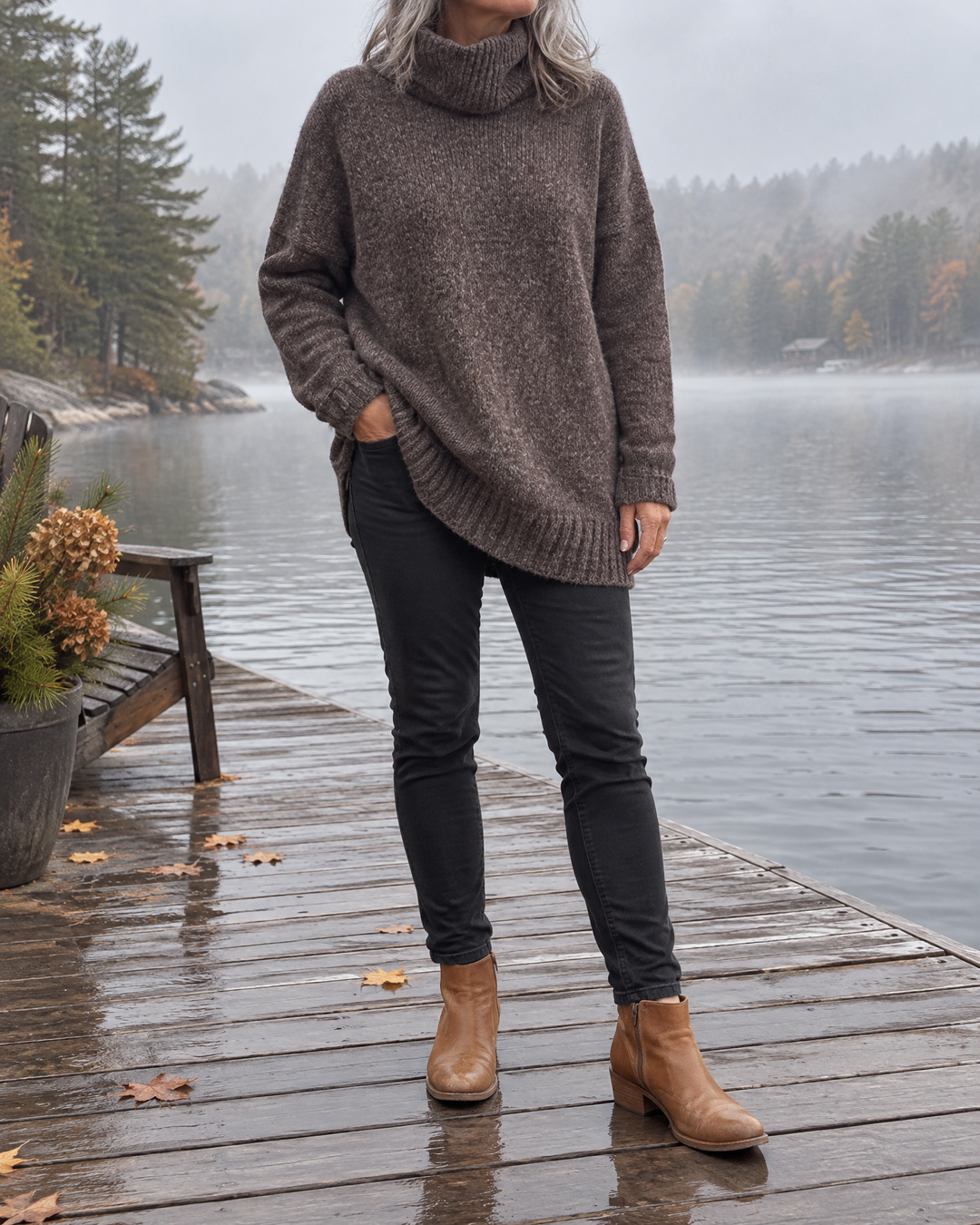 Thea - Turtleneck Pullover Sweater in dark chocolate, on a Muskoka dock