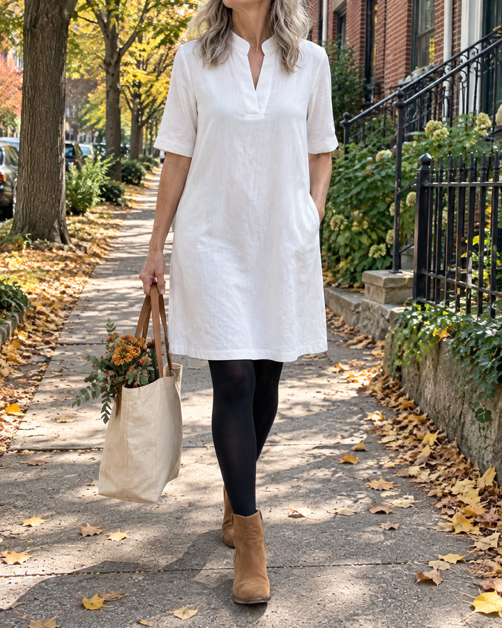 Irene - Notch Neck Shift Dress in white, in Cabbagetown