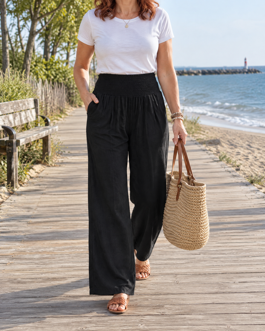 Eugenie - Smocked Waist Wide Leg Pants in black, on the boardwalk