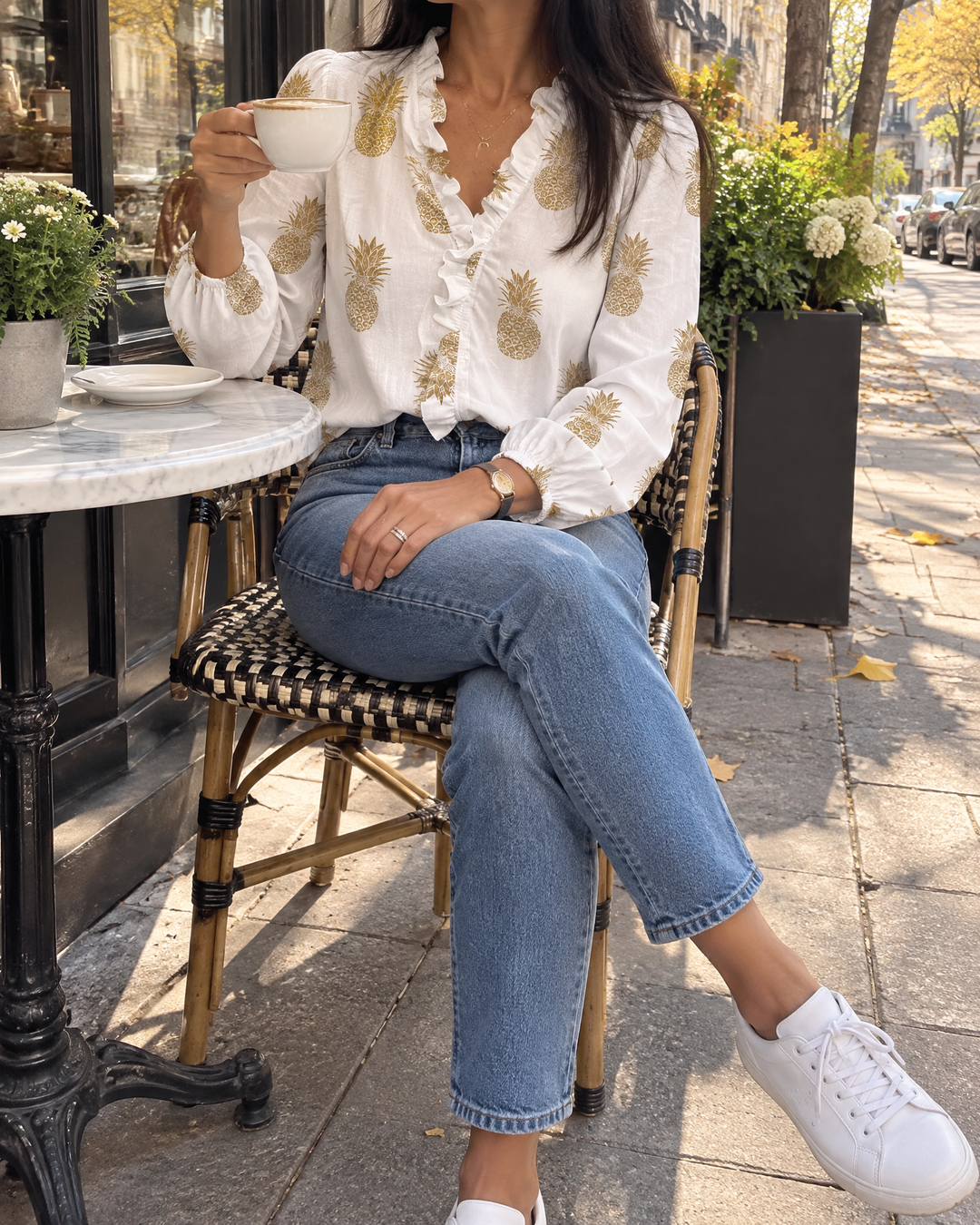 Celine - Ruffle Front Shirt in pineapple, at a Yorkville café