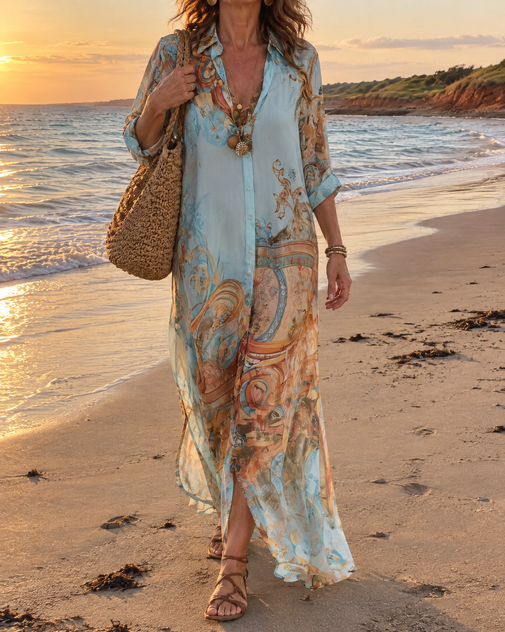 Aurelie - Paisley Maxi Shirt Dress, worn on a beach at golden hour