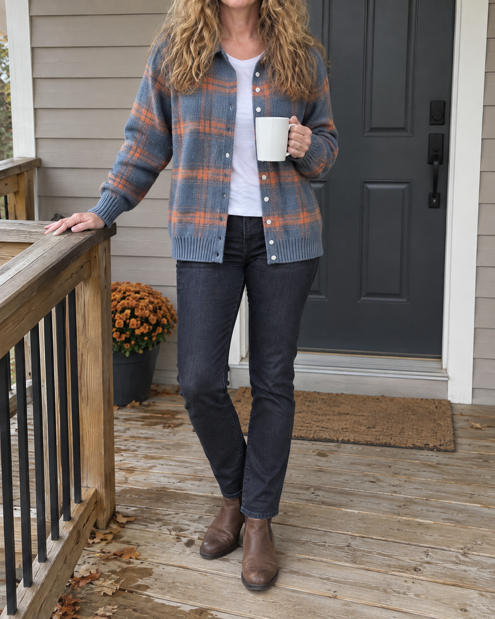 Maude - Plaid Knit Shirt in blue plaid, worn at a lakeside cabin