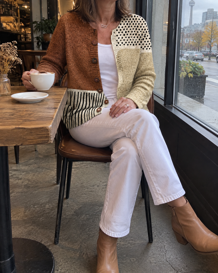 Harriet - Printed Knit-Look Cardigan, worn at a café