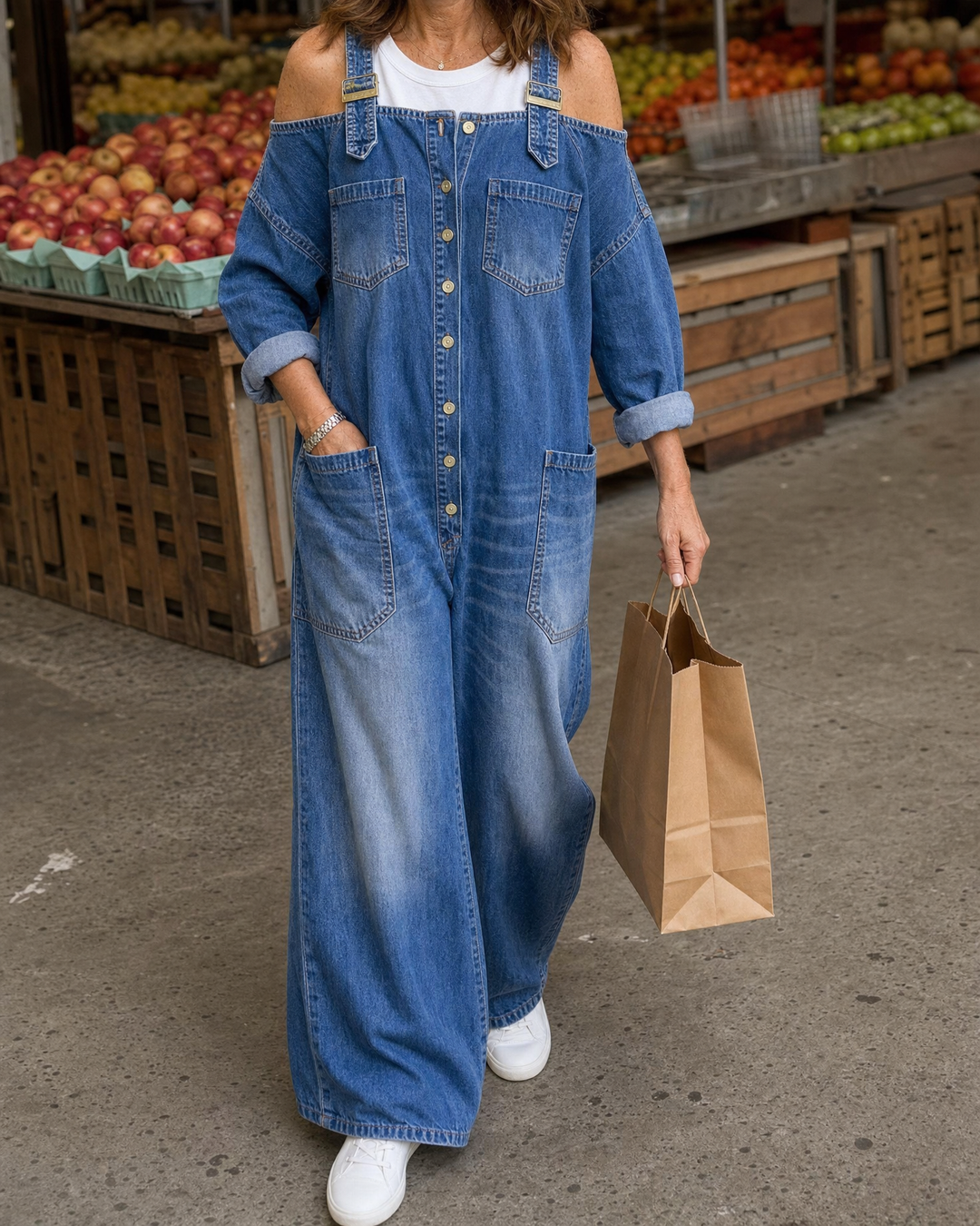 Margot - Denim Jumpsuit in denim blue, worn at a Toronto market