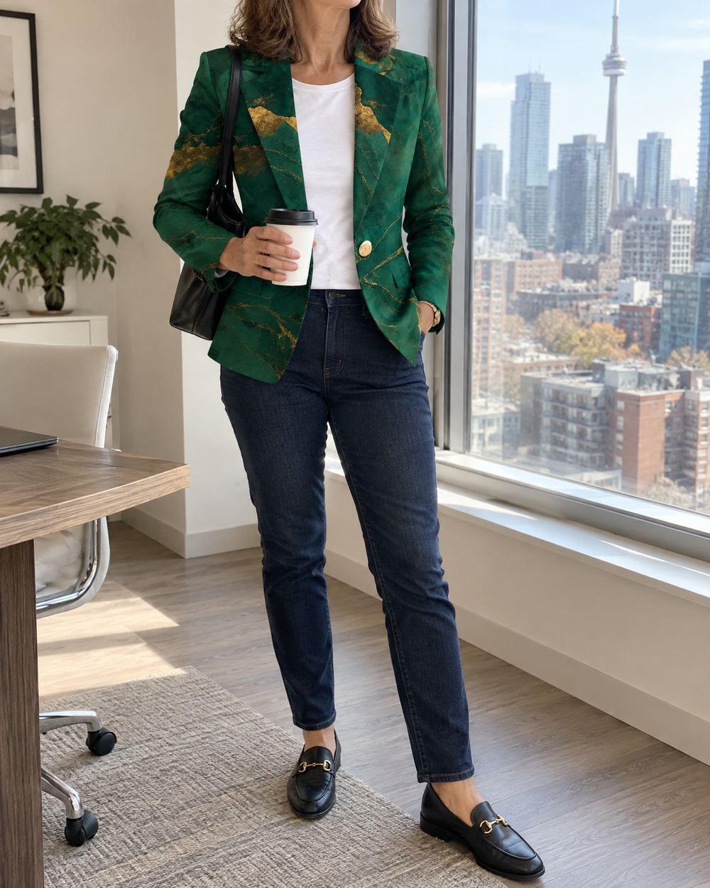 Josephine - Marble Print Blazer in emerald, worn at a Toronto office