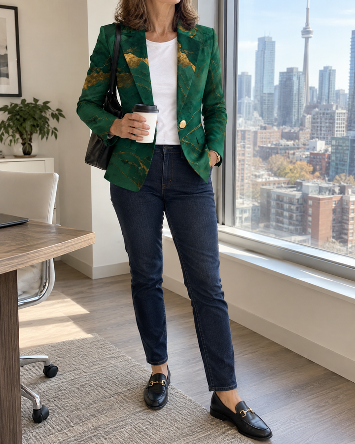 Josephine - Marble Print Blazer in emerald, worn at a Toronto office