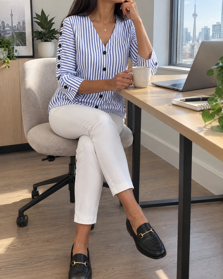 Simone - Button Sleeve Blouse in navy stripe, worn at a desk