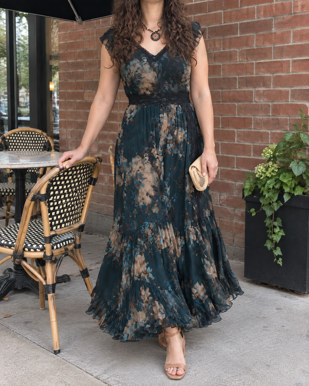 Cosette - Lace Trim Floral Maxi Dress, worn on a covered terrace