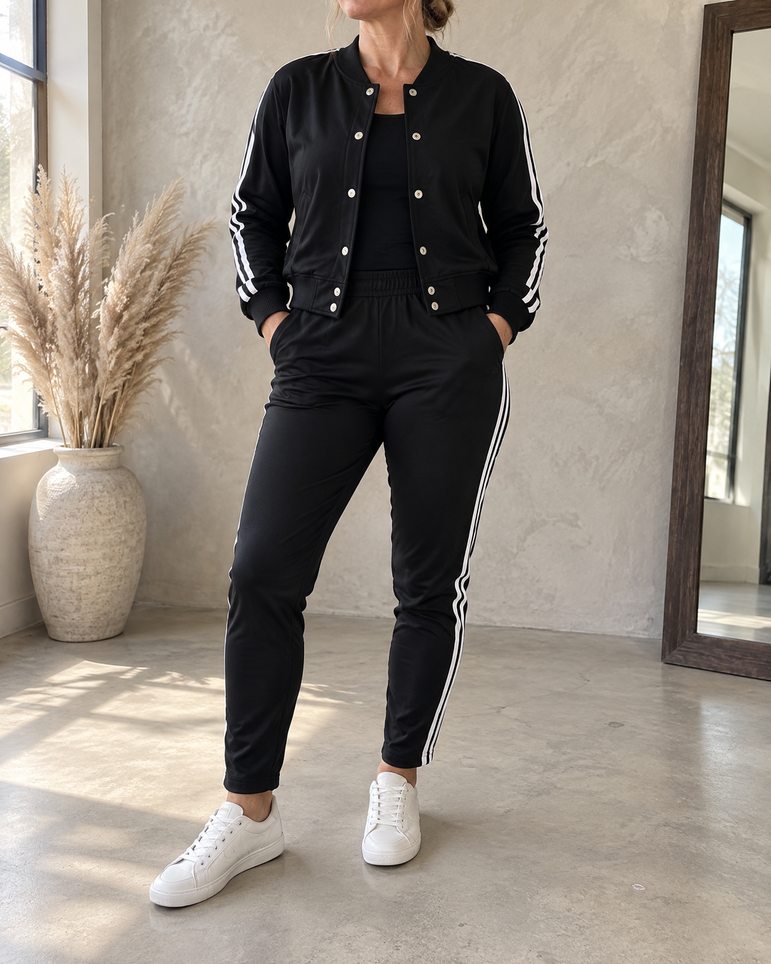 Sandrine - Striped Three-Piece Set in black, front view