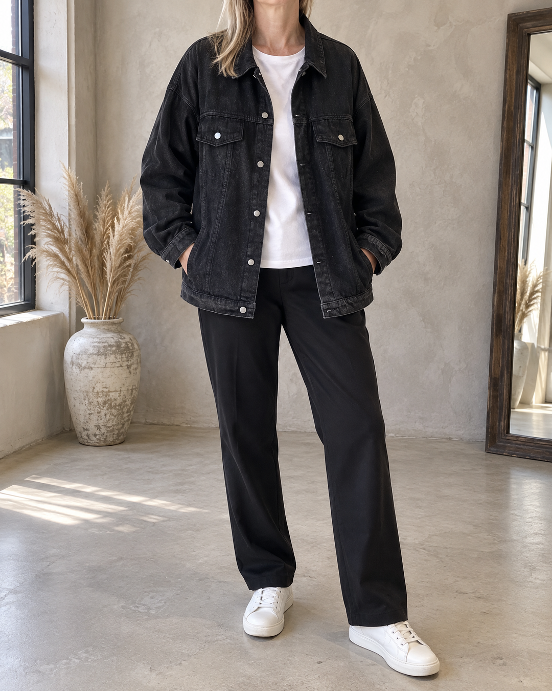 Sylviane - Oversized Denim Jacket in black, front view