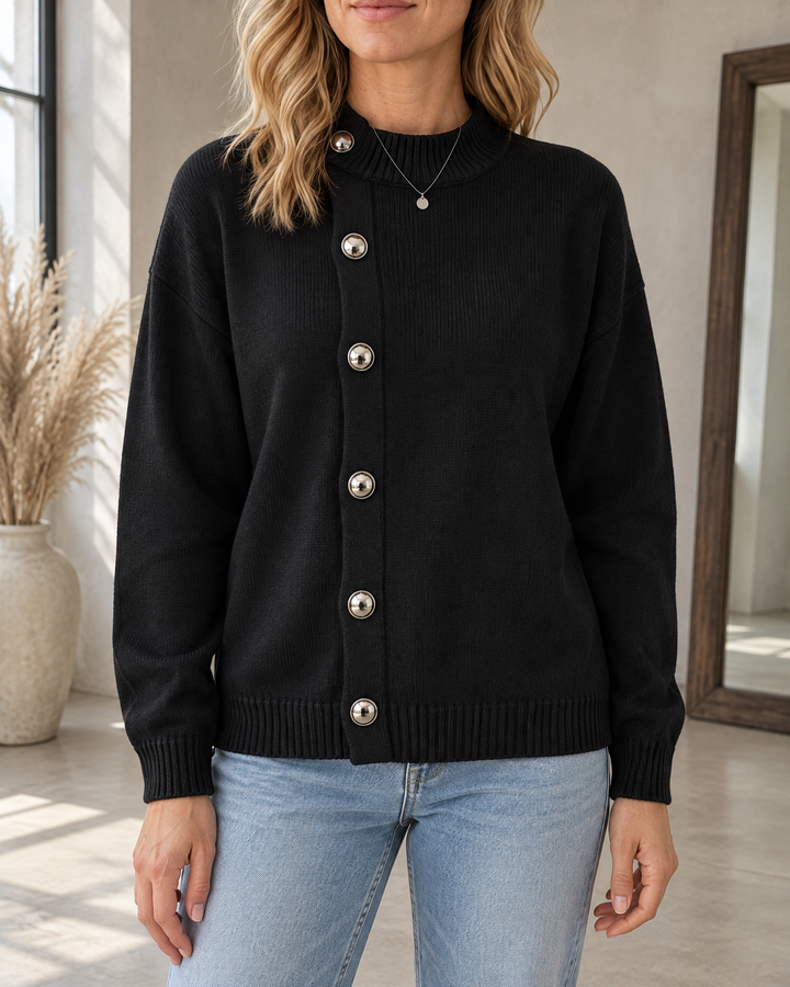 Sixtine - Silver Button Mock Neck Sweater in black, front view