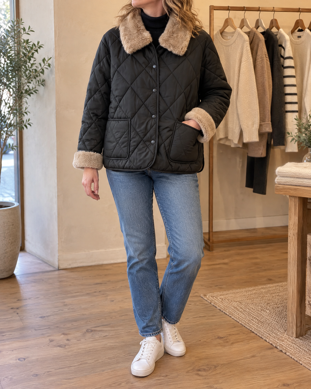 Claire - Faux Fur Collar Quilted Jacket in black, front view