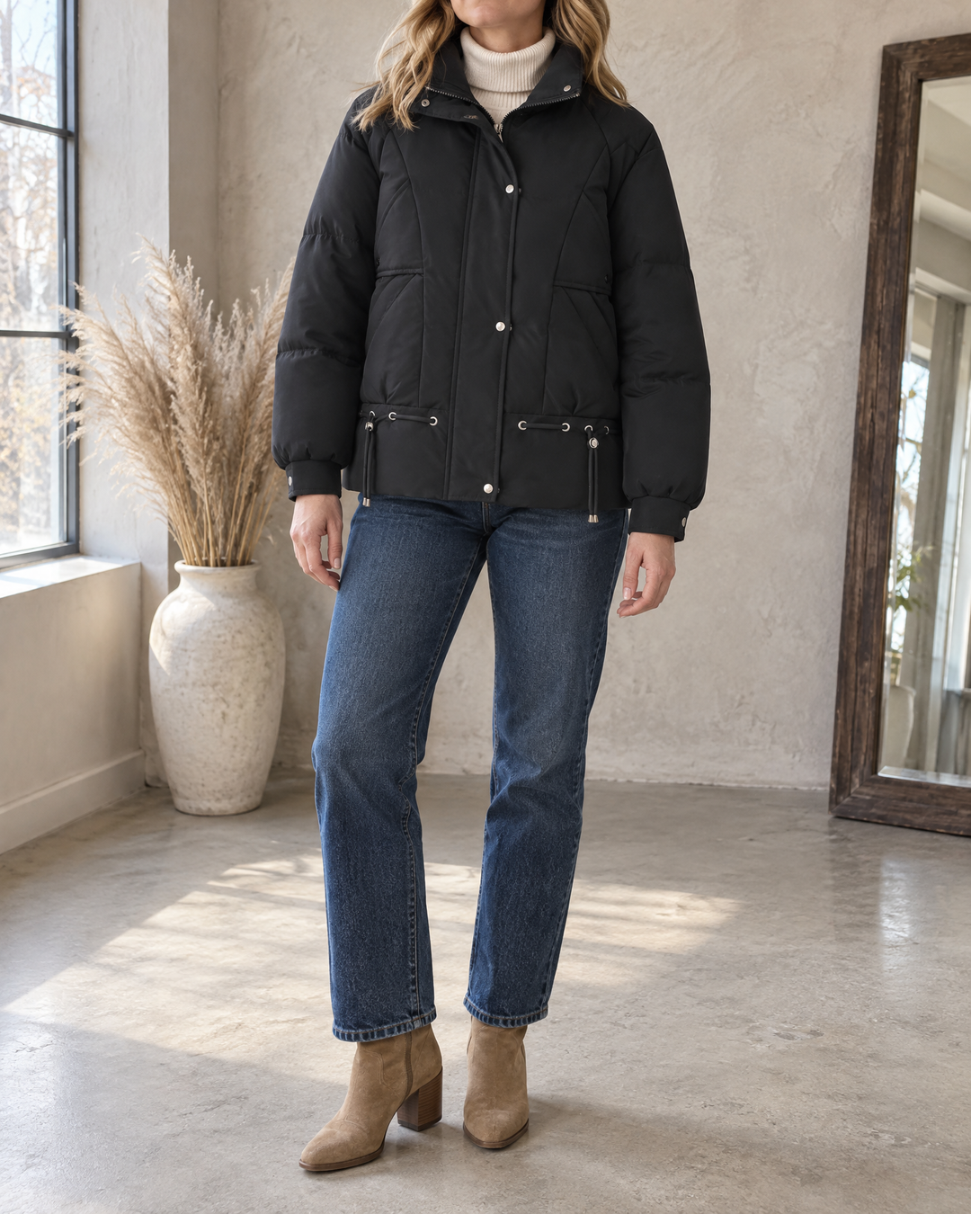 Angele - Chevron Quilted Puffer Jacket in black, front view