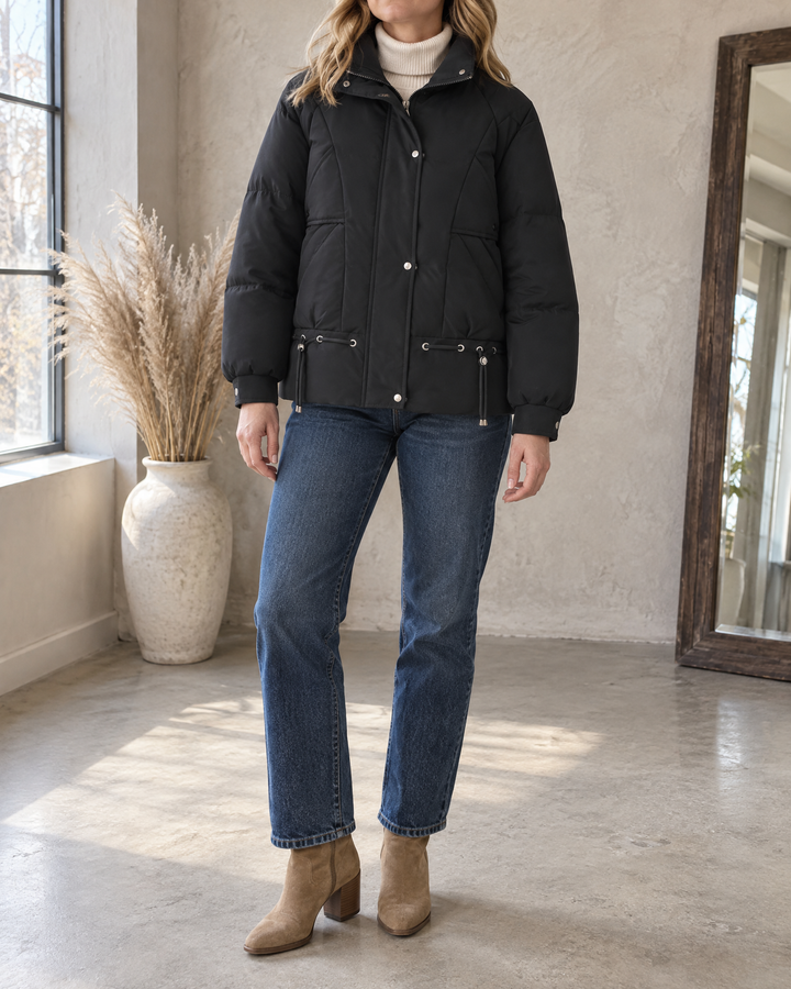 Angele - Chevron Quilted Puffer Jacket in black, front view