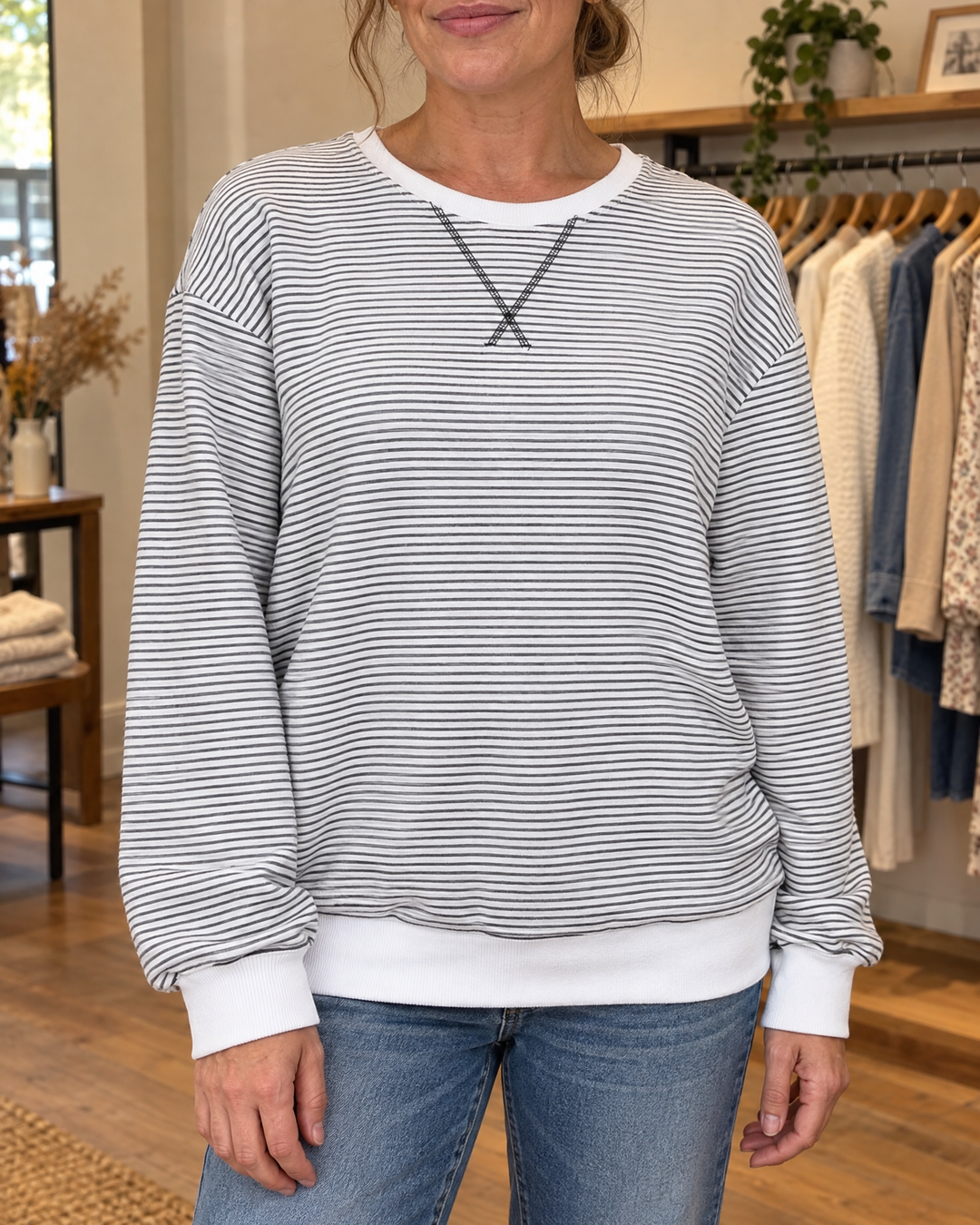 Charlotte - Fine Stripe Pullover in black, front view