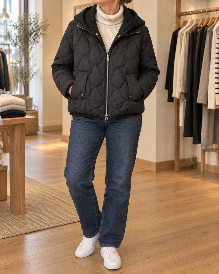 Cassandre - Knit Hood Puffer Jacket in black, front view