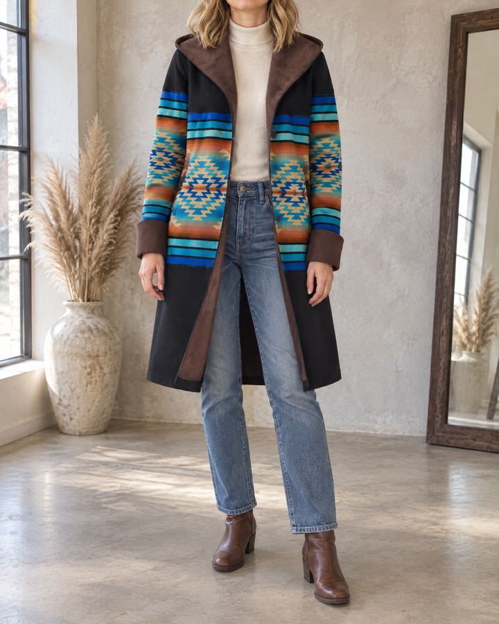 Nicole - Hooded Geometric Print Coat in black, front view