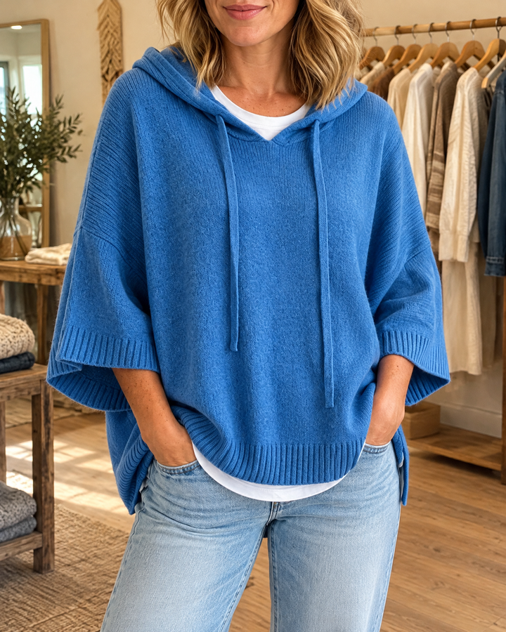 Mariette - Hooded Knit Poncho in blue, front view