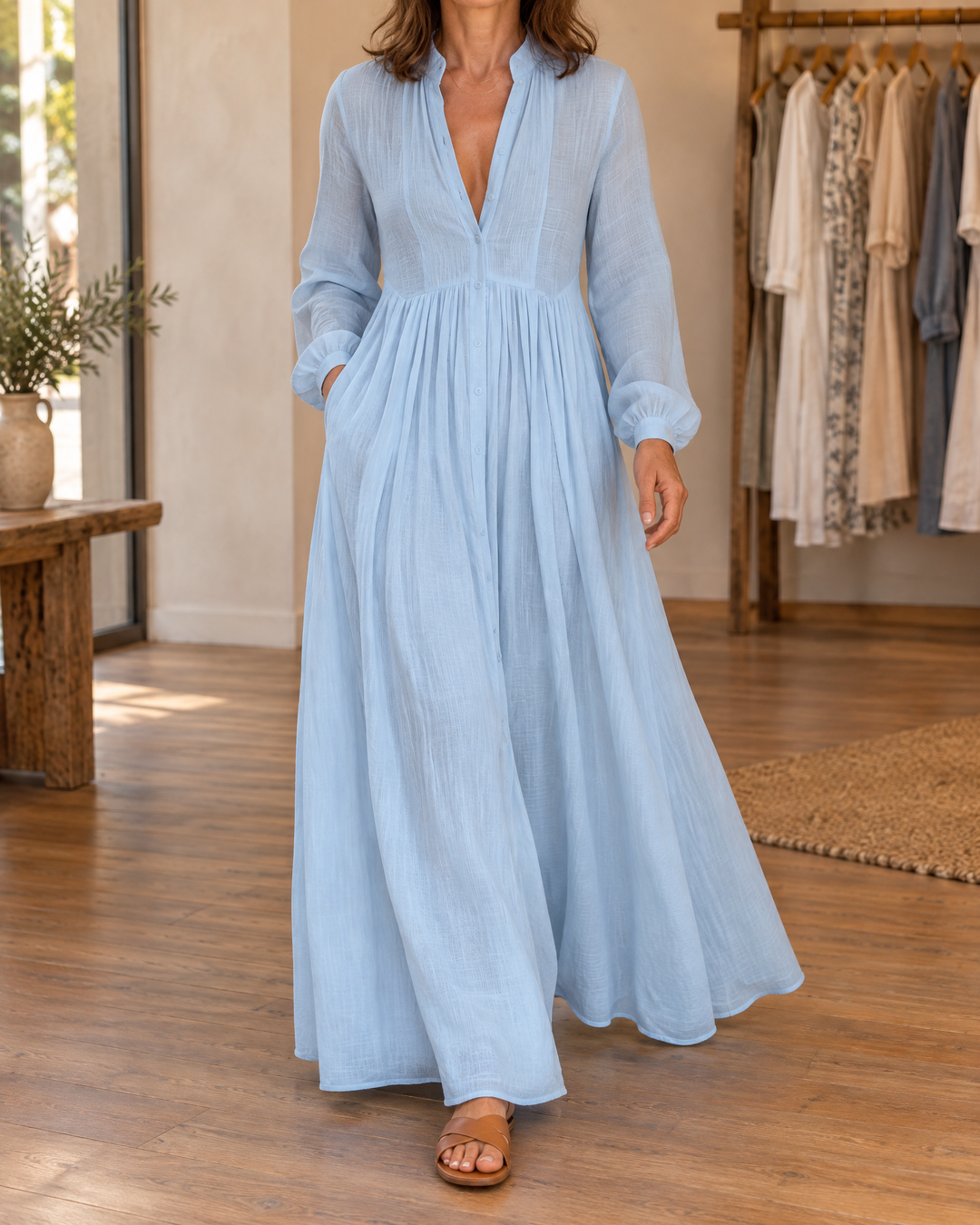 Colette - Button-Front Maxi Dress in blue, front view