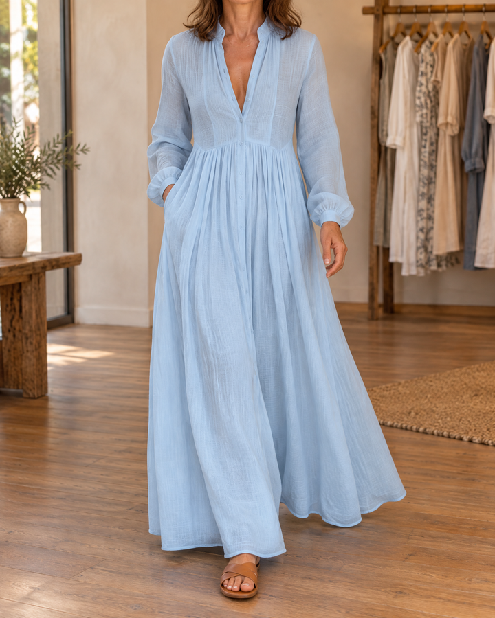 Colette - Button-Front Maxi Dress in blue, front view