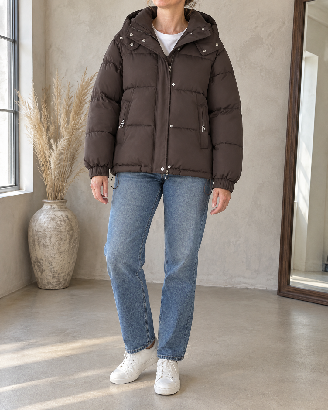 Audrey - Hooded Puffer Jacket in brown, front view