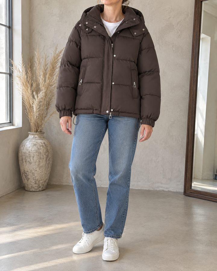 Audrey - Hooded Puffer Jacket in brown, front view