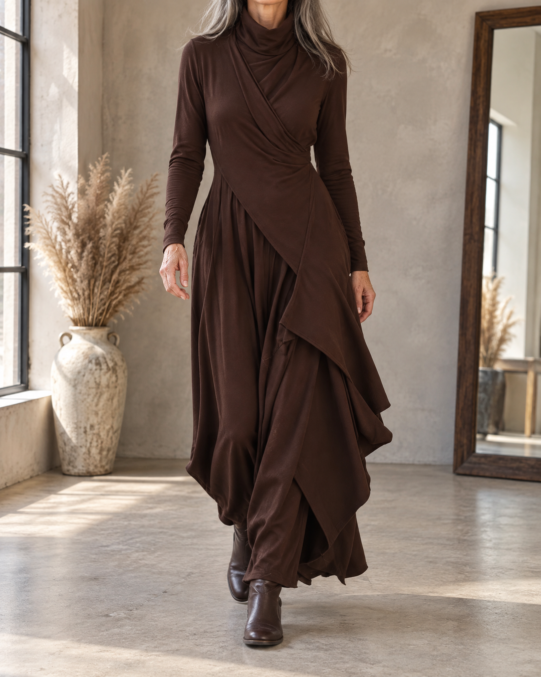 Sylvie - Draped Turtleneck Maxi Dress in brown, front view