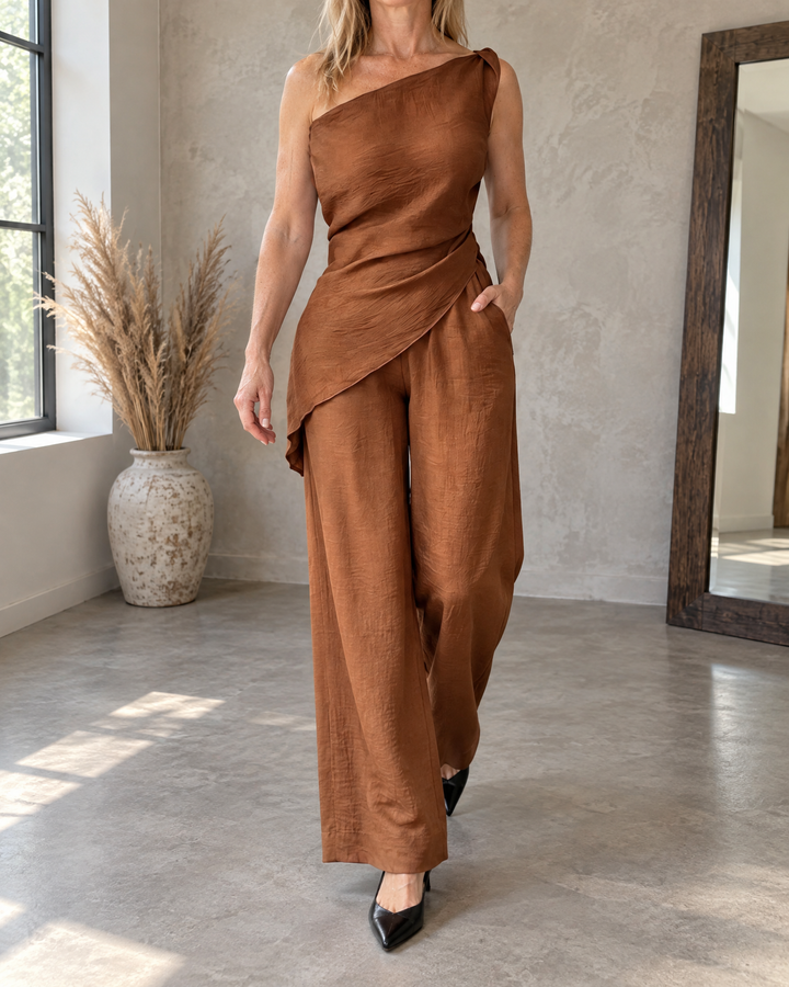 Daphne - One-Shoulder Draped Set in caramel, front view