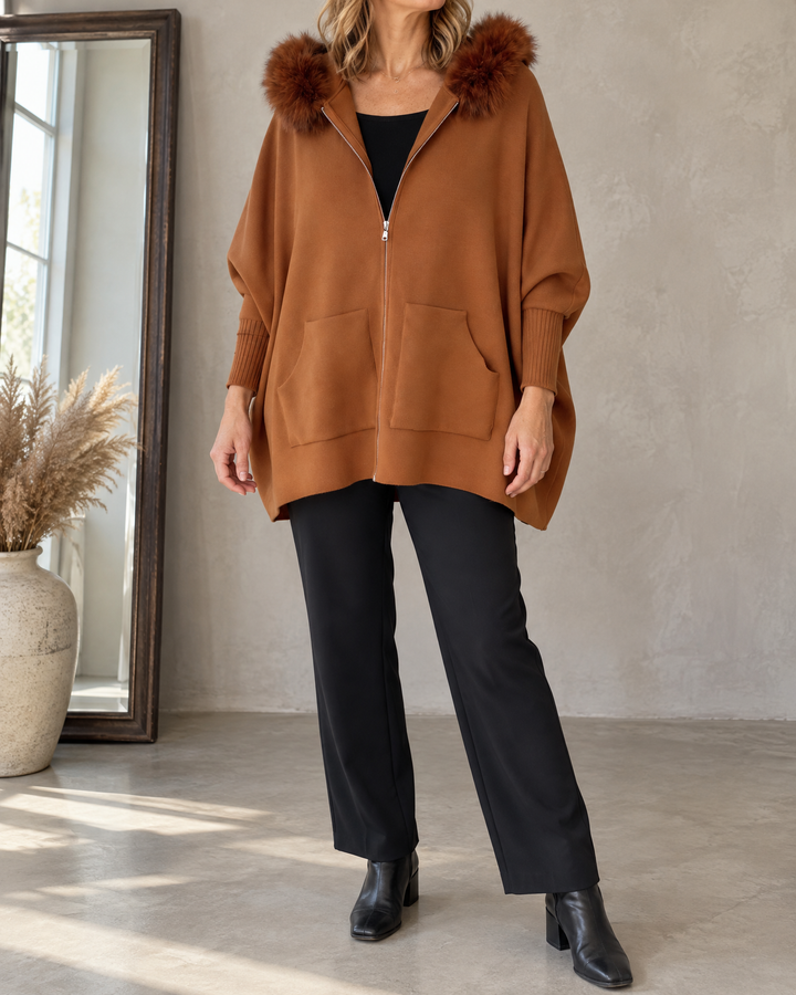 Liliane - Plush Collar Knit Cape in caramel, front view