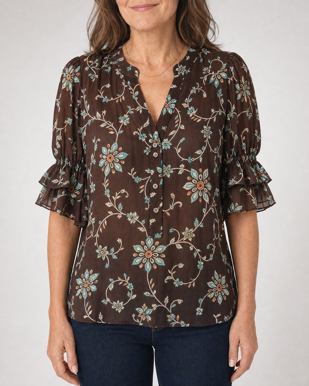Vivienne - Vintage Print Blouse in chocolate, front view