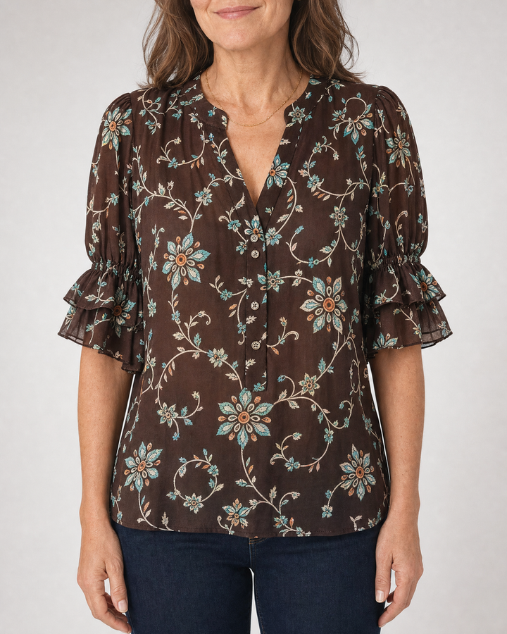 Vivienne - Vintage Print Blouse in chocolate, front view