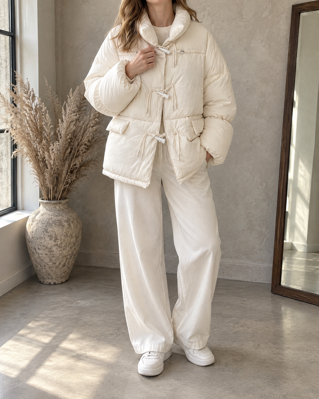 Ombeline - Toggle Button Puffer Jacket in cream, front view