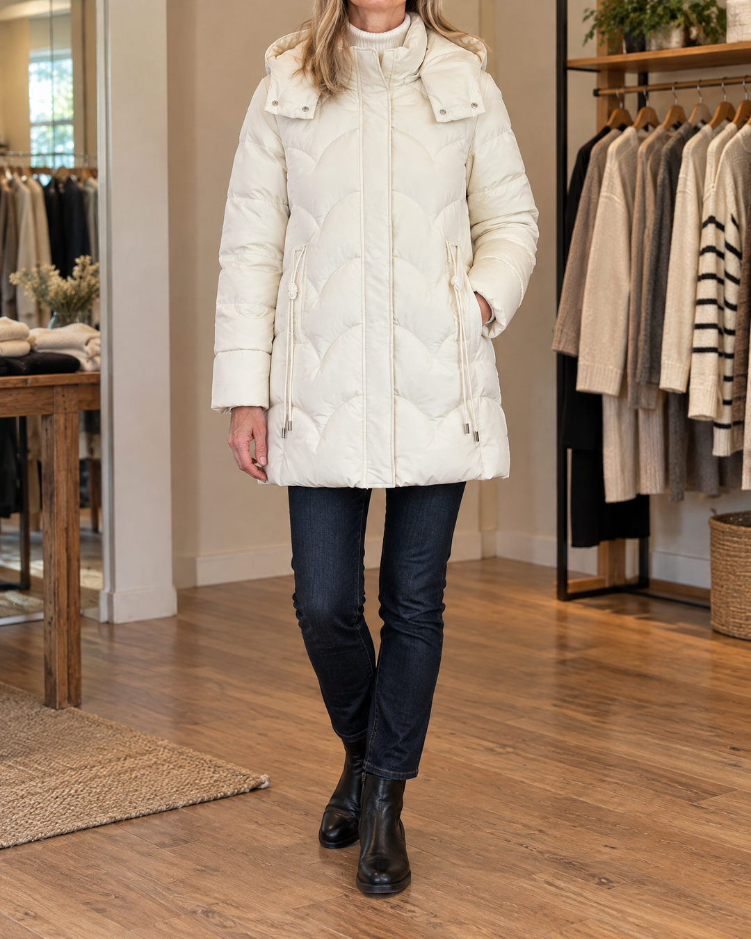 Esther - Wave Quilted Puffer Coat in cream, front view
