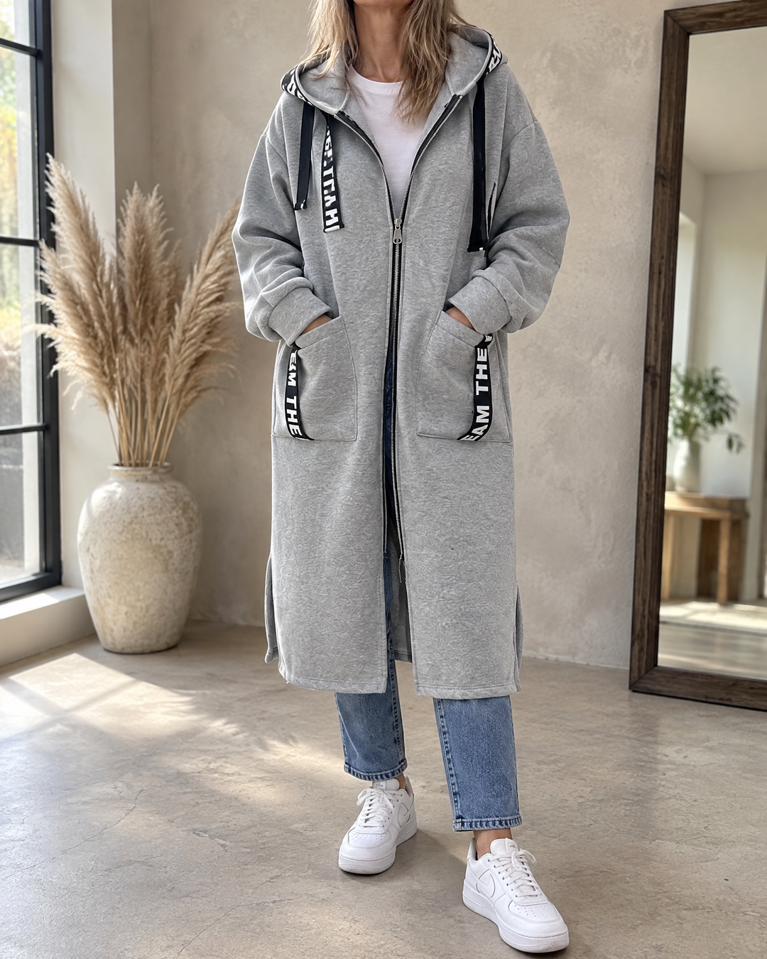 Adrienne - Hooded Fleece Coat in grey, front view